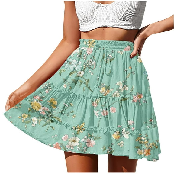 Women's Summer Beach Skirts Sunflower Dress Pleated Ruffle Skirt Drawstring Adjustment Skirt