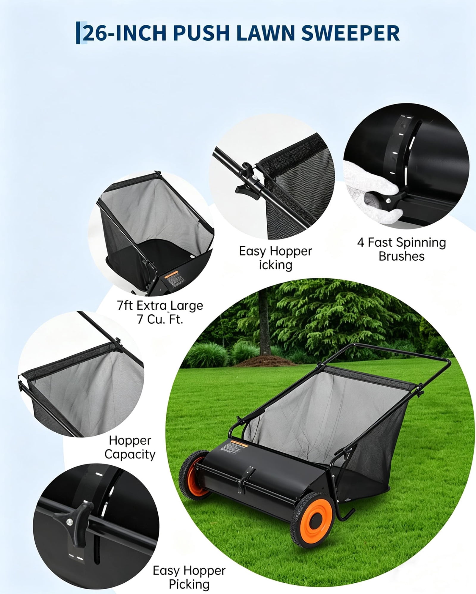 26" Heavy-Duty Push Lawn Sweeper, Leaf Sweeper for Lawn with 4 Spinning Brushes & Large Capacity Collection Bag, Adjustable Height Grass Clippings & Debris Collector, Orange and Black