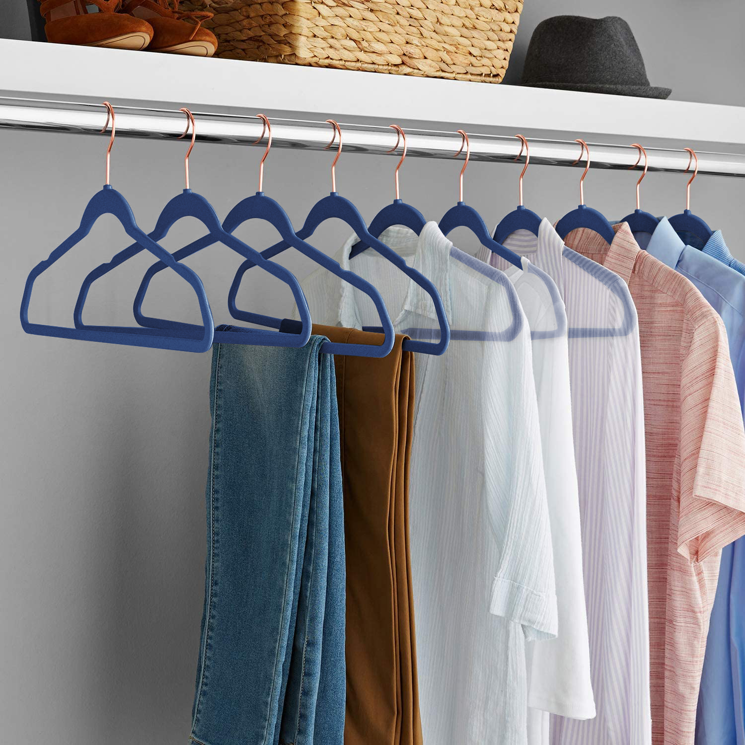 VECELO 100 Pack Velvet Non-Slip Heavy Duty Adult Hangers with 360° Swivel Hook, Ultra-Thin Space Saving Clothes Organizer for Coats Shirts Dresses Closet Storage-Blue