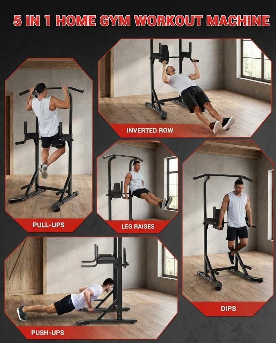 Power Tower Pull Up Bar Dip Station, 450LB Heavy Duty Carbon Steel Pullup Stand for Home Gym, Freestanding Strength Training Equipment, Bodyweight Workout Station