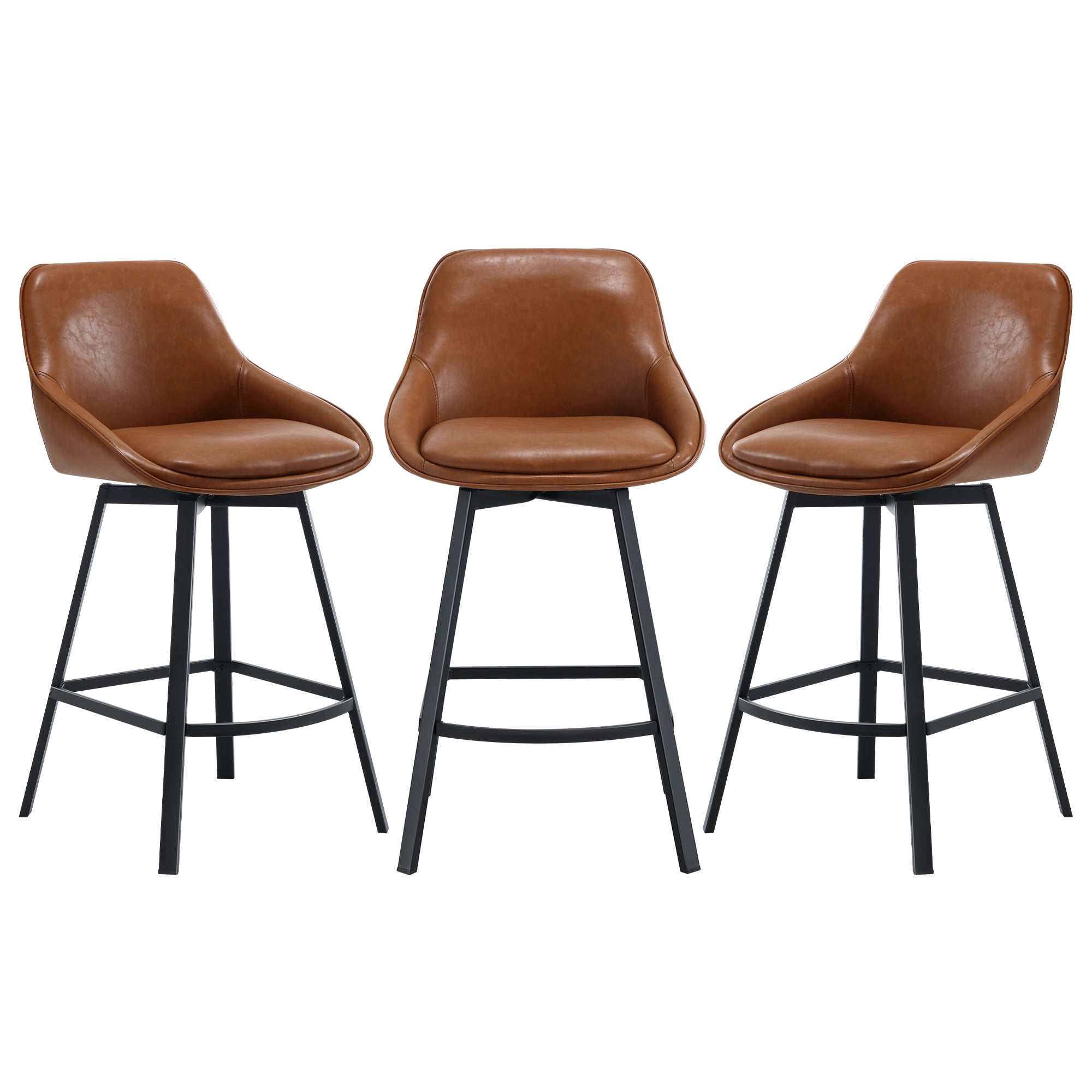 Zesthouse Swivel Bar Stools Set of 3, 25.6″Faux Leather Counter Height Barstool with Backs, Upholstered Counter Stools, Modern Kitchen Chairs with Metal Legs, Brown