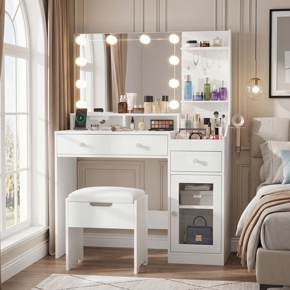 39.8" White Vanity Desk with Mirror and Lights, Modern Makeup Table with Charging Station and Storage