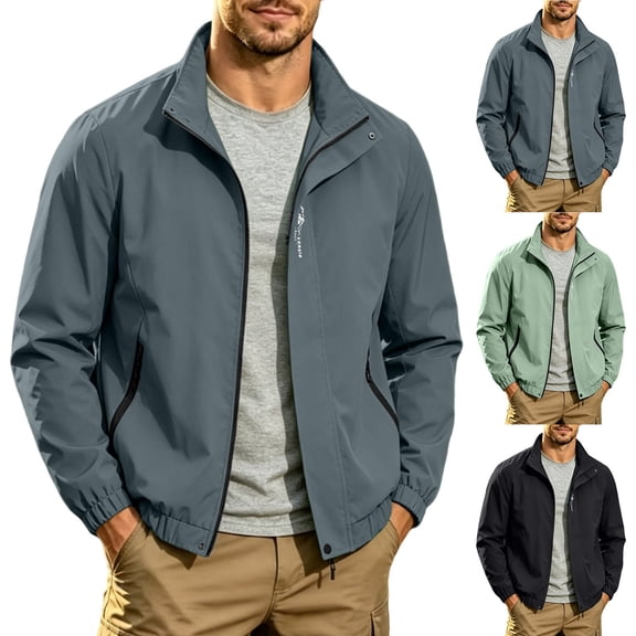Men's Casual Solid Color Long Sleeve Jacket Stand Collar Outdoor Sporty Fashion Coat Breathable Travel Golf Hiking Fishing Tops Lightweight Modern Essential Gift for Him | JASKFLY,Black L