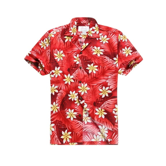 Made in Hawaii Men's Hawaiian Shirt Aloha Shirt in Classic Leaves with Plumeria in Red 2Xl