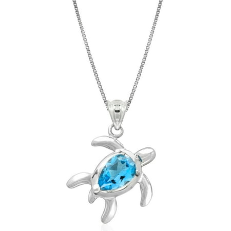 Silver Honu Sea Turtle - Sterling Silver and Blue Topaz Turtle Honu Necklace Pendant with 18