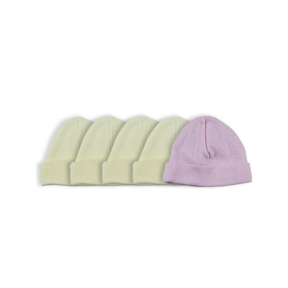 Set of 5 Yellow and Purple Solid Assorted Cotton Baby Girl Beanie Caps, 8"
