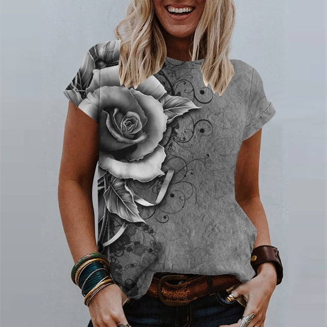 Pisexur Hauts d'Été pour Femmes 2024 T-Shirt à Manches Courtes Col Rond Décontracté Mode Florale Coupe Ample Blouse Basique