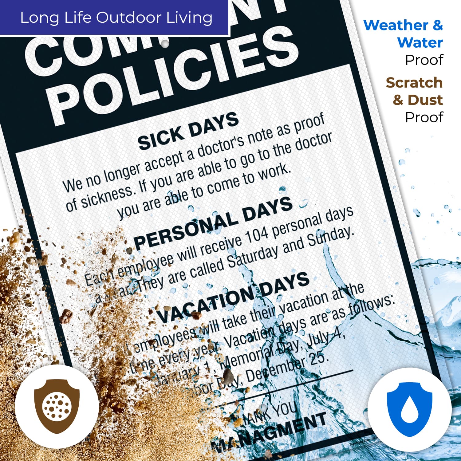 Sigo Signs Schild 'Company Policies' - 25,4 X 35,6 Cm, Aluminium, Wetterfest, Für Pausenraum, Innen/außen, Made In USA