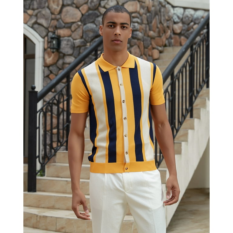 Kallspin Men's Vintage Knit Polo Shirt Short Sleeve Striped Button