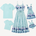 thumbnail image 1 of PatPat Family Matching Light Blue Tee and Flowy Floral Shirred Back Belted Strap Dress, 1 of 4