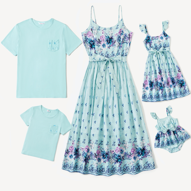 PatPat Family Matching Light Blue Tee and Flowy Floral Shirred Back Belted Strap Dress