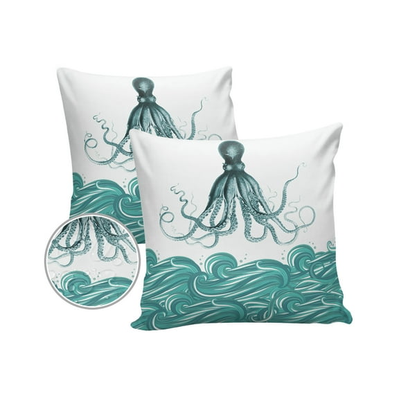 Pack of 2 Outdoor Pillow Covers, Cute Octopus with Sea Wave Pattern Waterproof Square Throw Pillowcase Cushion Decorative Pillow Covers for Couch Patio Tent, 16x16 in