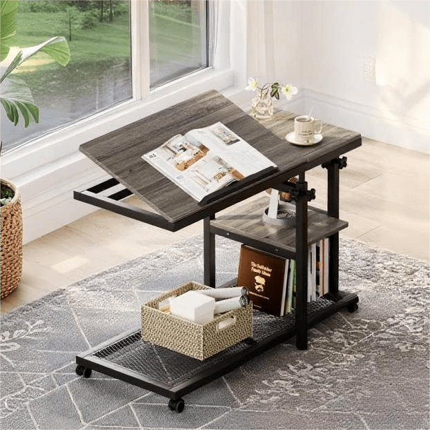 Fnova Mobile Side Table with Wheels, Snack Tray, Height-Adjustable C-Shape Desk, Tiltable Drawing Board, Laptop Stand, Storage Shelves for Living Room, Bedside Table for Couch