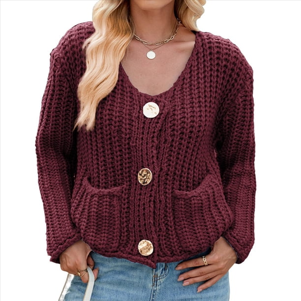 Cárdigan Corto de Punto de Larga para Mujer 2025, Suéter Informal de Crochet con Botones y Bolsillos Vino Tinto XL