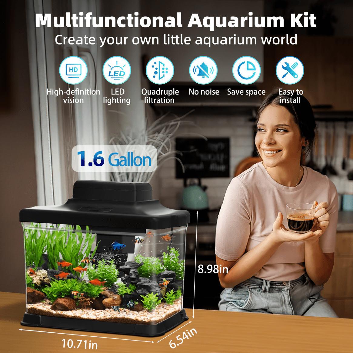DaToo Small Fish Tank Ultra-Clear 1.6 Gallon Aquarium Starter Kits with LED Lighting and Filter System Beginner-Friendly Mini Betta Aquarium for Small Fish Shrimp Desktop Room Decoration