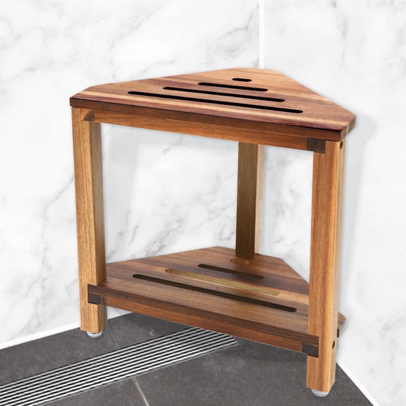 Taburete de ducha Biosins Corner con estante de almacenamiento de madera de acacia