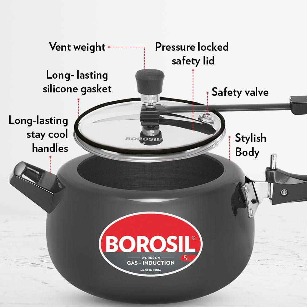 Borosil 3 L Pronto Hard Anodised Cooker | 3S Aluminium | Gas Stove & Induction Compatible | 5 Years Warranty