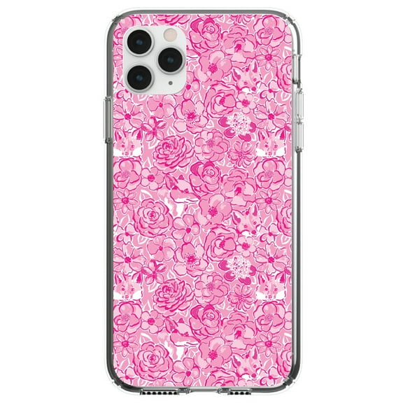 DistinctInk Clear Shockproof Hybrid Case for iPhone 11 Pro MAX (6.5" Screen) - TPU Bumper, Acrylic Back, Tempered Glass Screen Protector - Preppy Pattern - Pink & White Flowers Floral