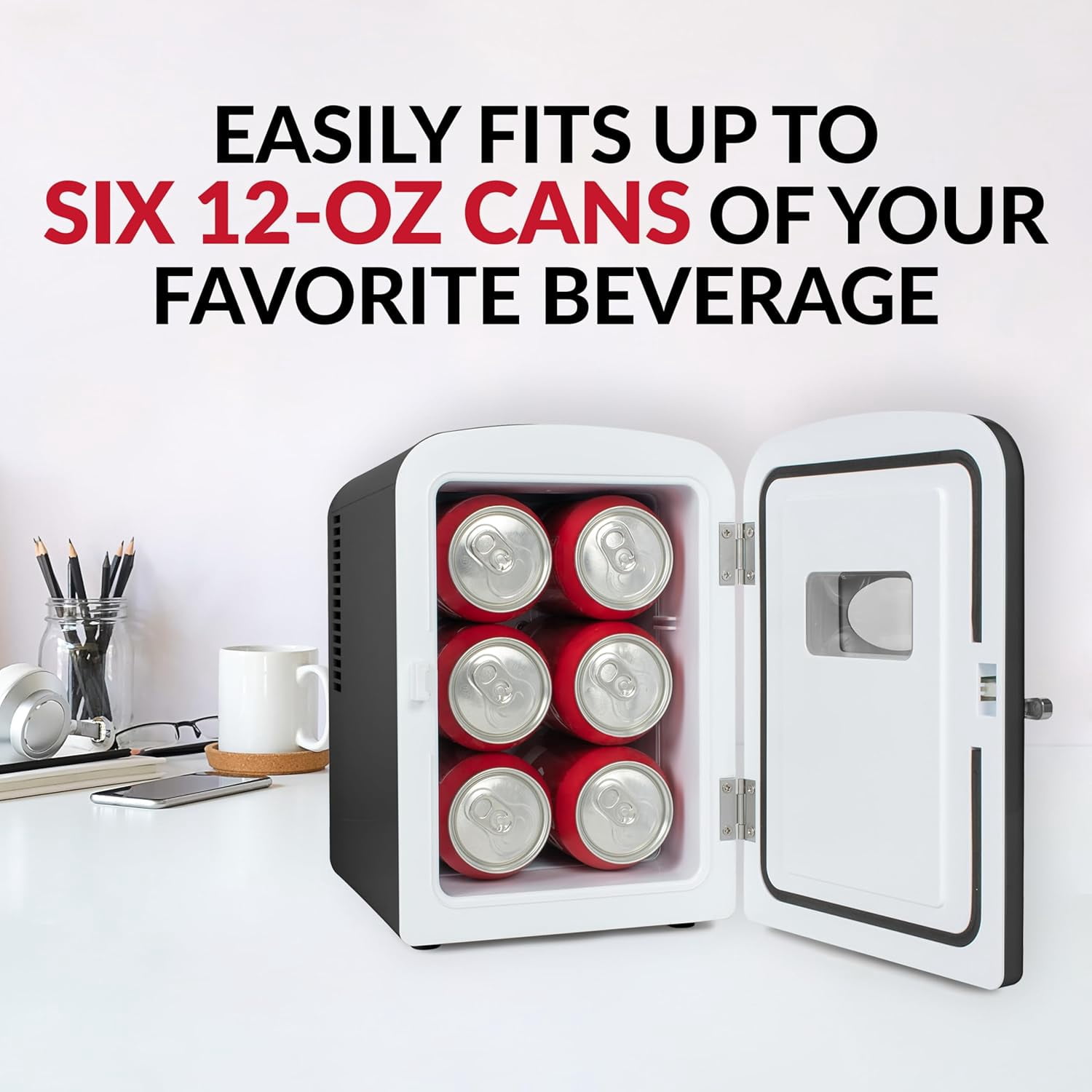 Retro 6-Can Personal Cooling and Heating  Fridge with Dry Erase Door, Carry Handle, and Display Window - Black