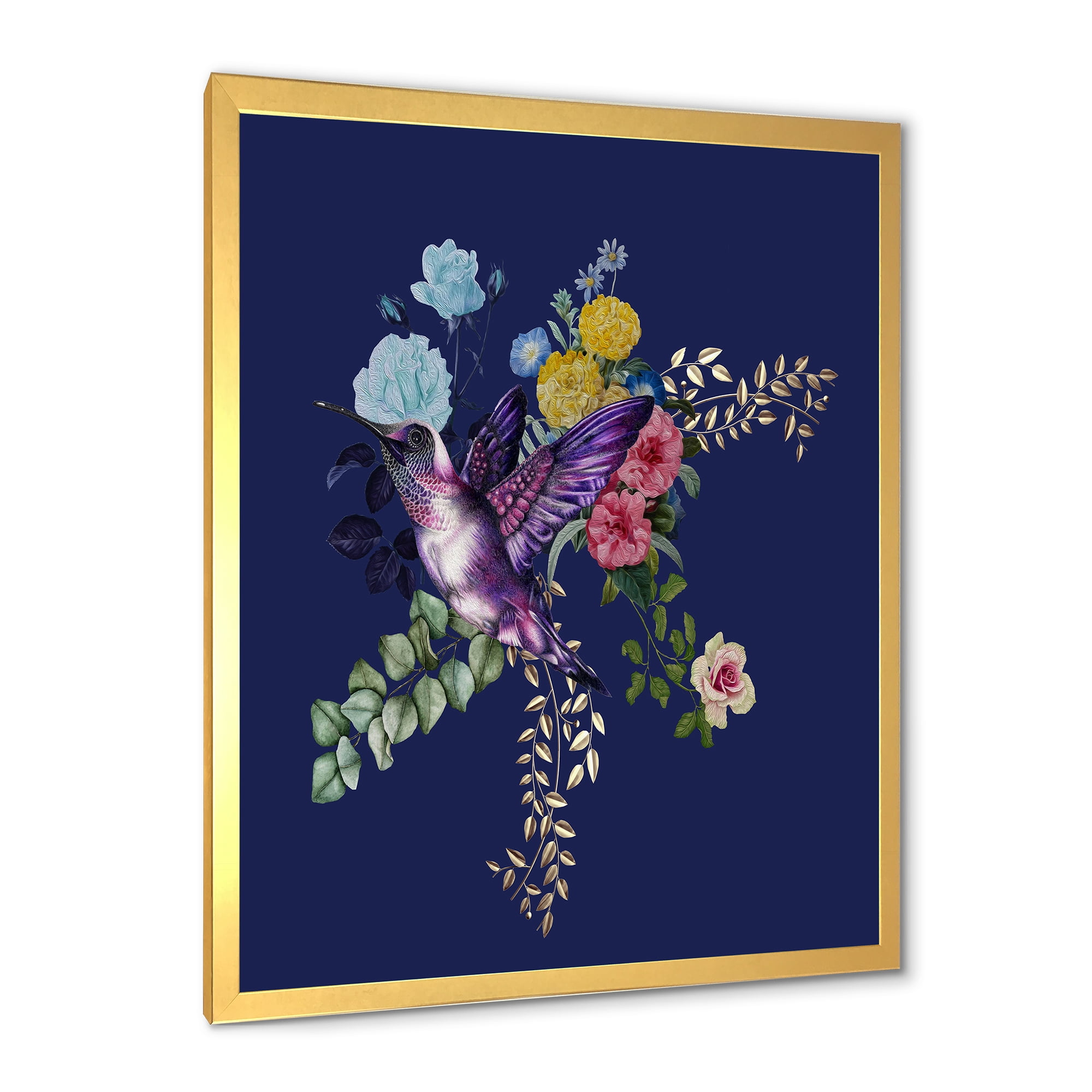 Designart 'Little Bird Sitting On Colourful Bouquet Of Wildflowers I' Traditional Framed Art Print