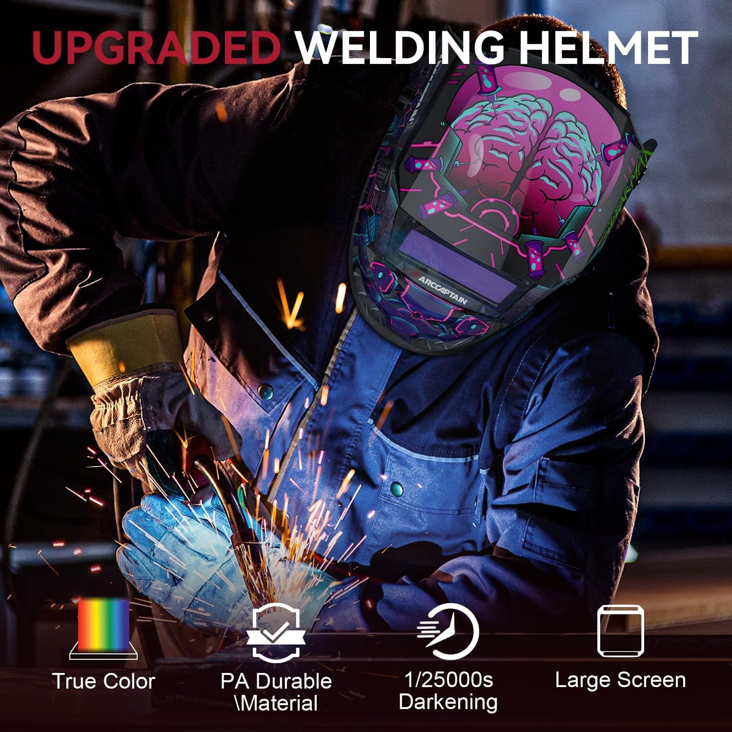 ARCCAPTAIN Welding Helmet Auto Darkening, Large View Welding Hood Mask True Color with Top Optical Clarity