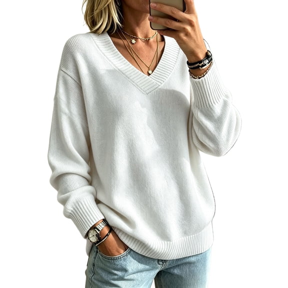 Dwellite Womens Knit V Neck Sweater Long Sleeve Fall Tops Lightweight Basic Pullover Tops White XL