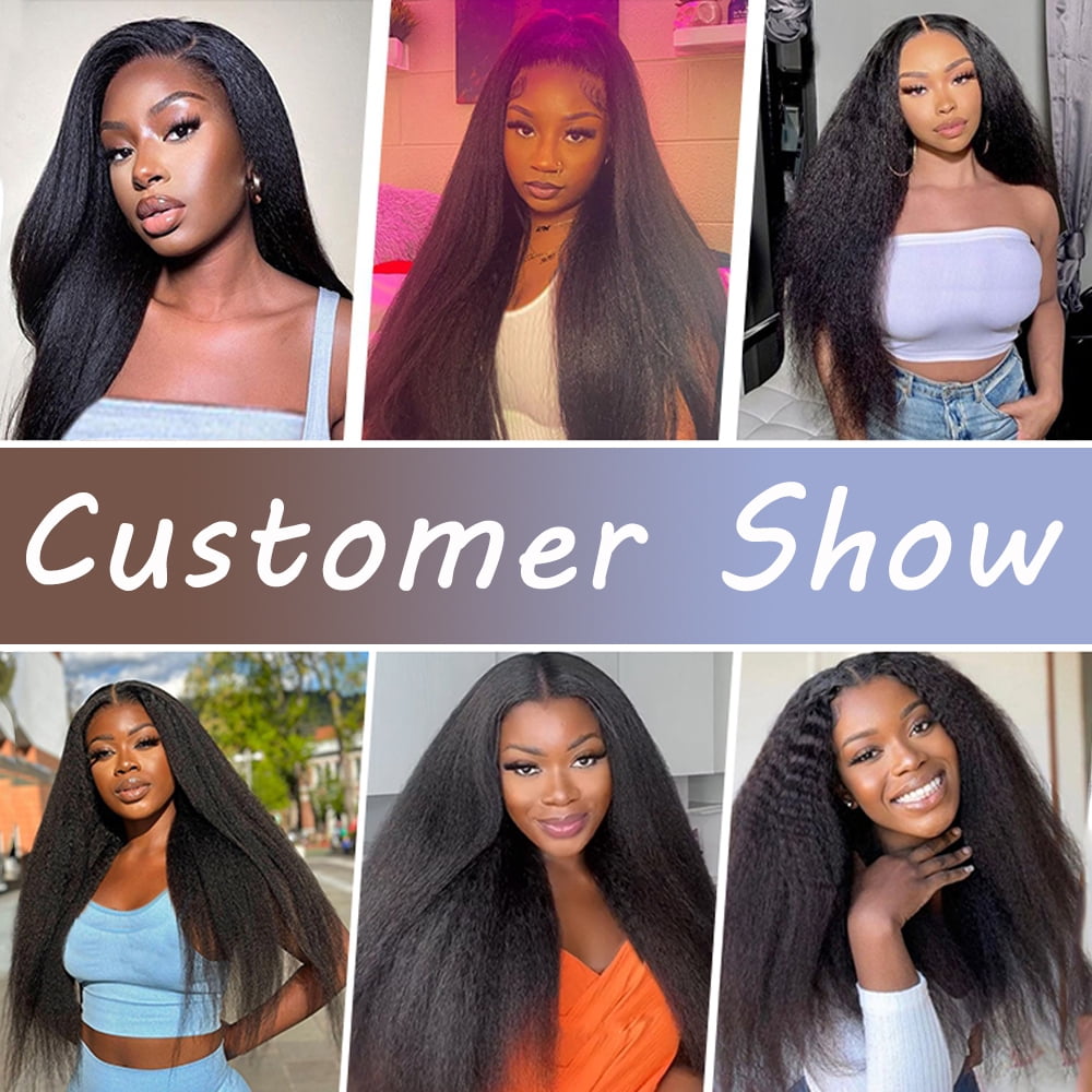 Mscathy 13X6 Kinky Straight Human Hair Lace Front Wig Pre Plucked Natural Black 16 Inch 180% Density Yaki Straight Lace Frontal Wigs For Women