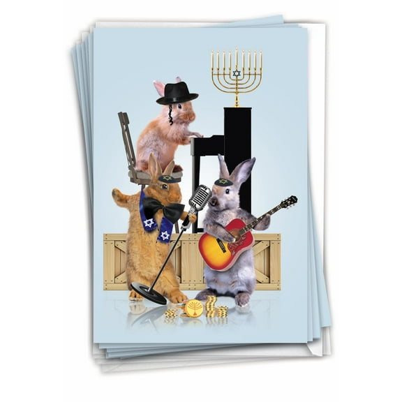 Pack of 12 Hanukkah Greeting Cards (1 Design, 12 Cards) - Menorah Animal Bands Rabbits Chanukah C9541JHKG-B12x1