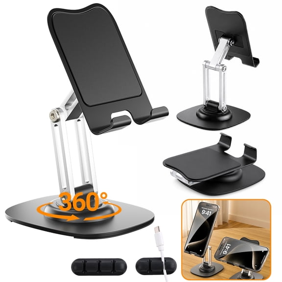 Topsome Phone Stand for Desk, 360° Rotating Cell Phone Holder with Metal Base, Adjustable Angle Foldable Desktop Phone Stand for Smartphones & Tablets, Office, Home