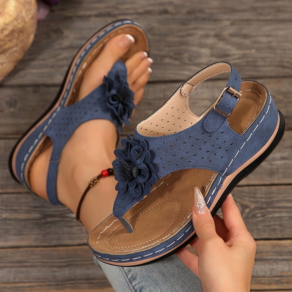 Willtoo Flip Flops Wedge Orthopedic Sandals for Womens Summer Flower Open Toe Hollow Out Comfortable Platform Sandal Casual Buckle Ankle Strap Thong Arch Support Beach Walking Shoes