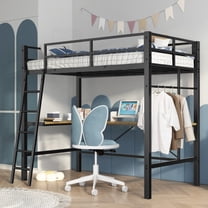 Twin Metal Loft Bed, Black, Space-Saving with L-Desk & Charger