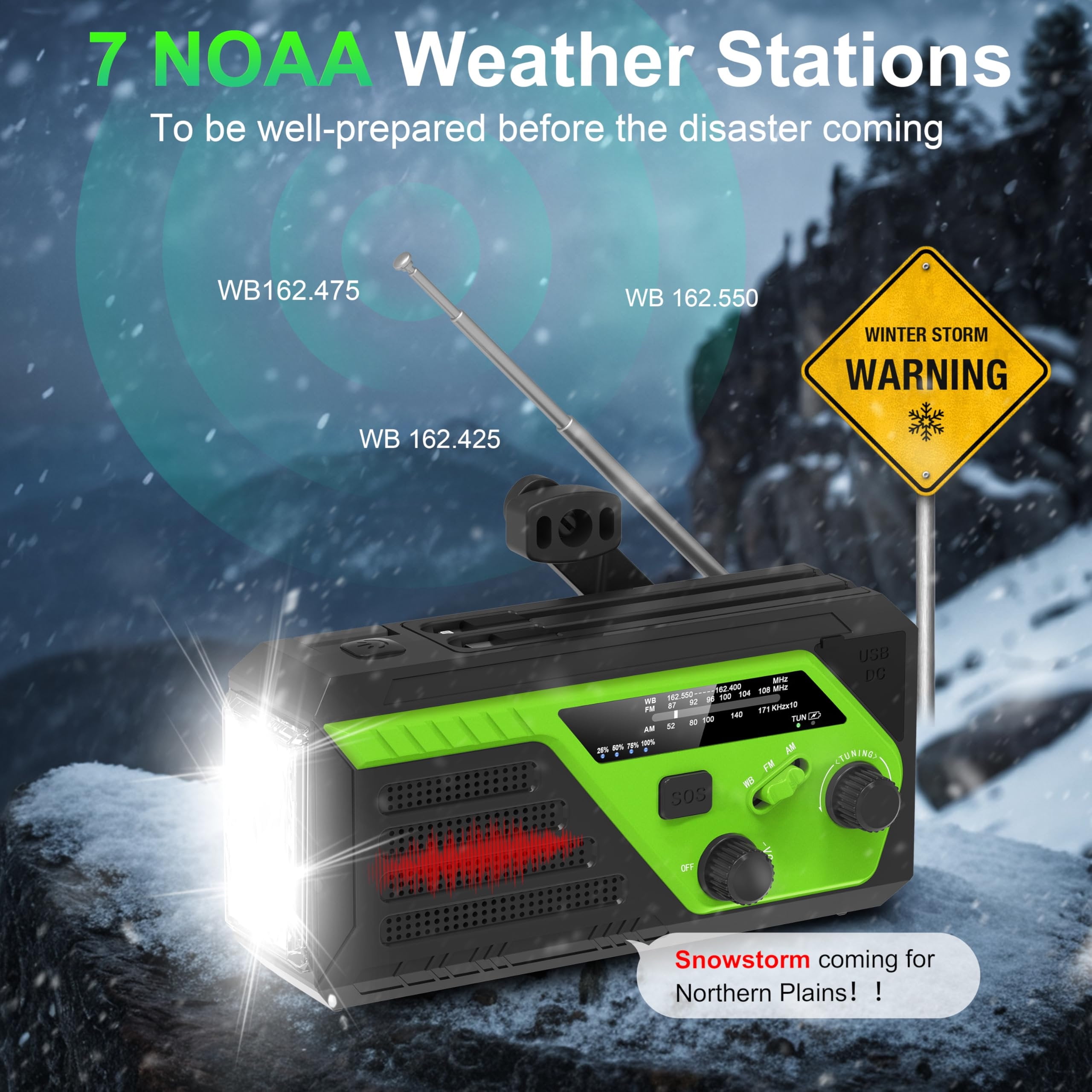 22200mWh Hand Crank Emergency Radio, AM/FM/NOAA Weather Radio, Hand Crank Radio with 4 Built-in Cable, Emergency Weather Radio with Quickly Phone Charger, SOS Alarm for Emergency Winter Storm