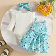 thumbnail image 6 of HCNTES Baby Girls Fall Winter Outfits Short Sleeve Ribbed Romper Floral Suspender Skirt Set Overall Dress Headband Clothes(0-3 Months,S146-Sky Blue), 6 of 9