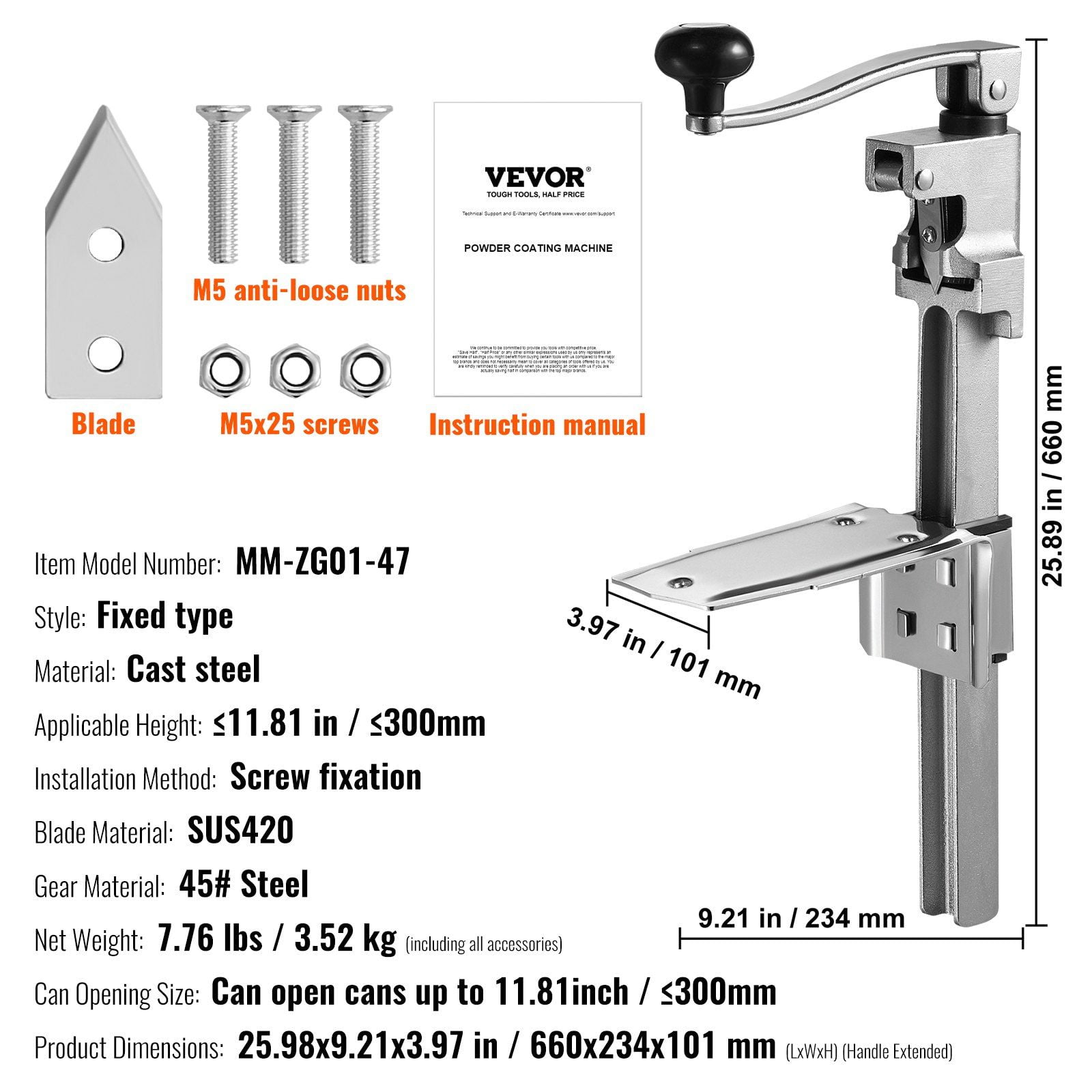 Heavy Duty Commercial Manual Can Opener with Adjustable Base - Industrial Jar & Can Opener for Large Cans Up to 11.8 Inches - Ideal for Restaurant, Hotel, Bar, Home Use