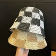 thumbnail image 3 of CoCopeaunts Straw Bucket Hat for Women Plaid Patchwork Crochet Fisherman Hat Outdoor Sun Protection Hollow Ladies Bucket Cap, 3 of 8