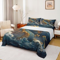 Homewish Magical Dragon Twin Sheet Sets 3pcs for Teens Boys Girls,Japanese Style Twin Fitted Sheet Microfiber,Ocean Leaves Breathable Flat Sheet,Luxury Bedroom Decor