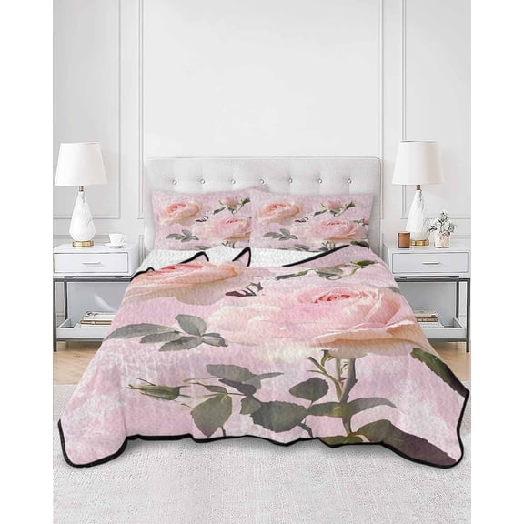 Quilts Full Size, Romantic Pink Roses Soft Comforter Bedding Set for Bed, Watercolor Botanical Floral Lightweight Quilted Bedspread with Pillow Cover(2 Pieces) for All Season, 78x90 Inch