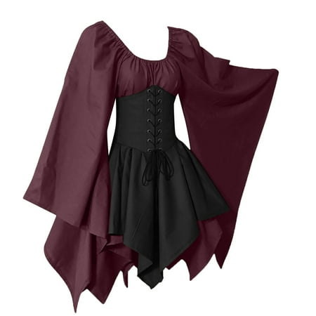 

mveomtd For Womens Trumpet Sleeve Irish Shirt Dress With Corset Traditional Dress Women Costumes Gothic Retro Long Sleeve Corset Dress Long Dresses with Sleeves Wine