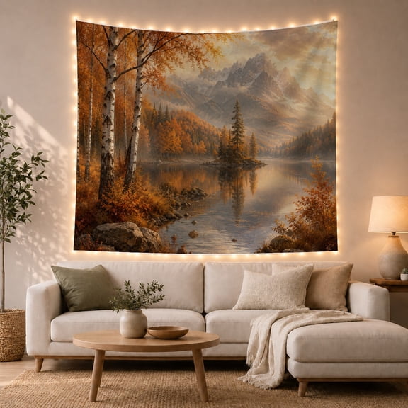 Autumn Birch Forest and Lake Landscape in Misty Mountains, Serene Watercolor for Nature Lovers, Scenic Wall Art Decor, Thanksgiving Gift, Tapestry Wall Hanging for Living Room and Bedroom