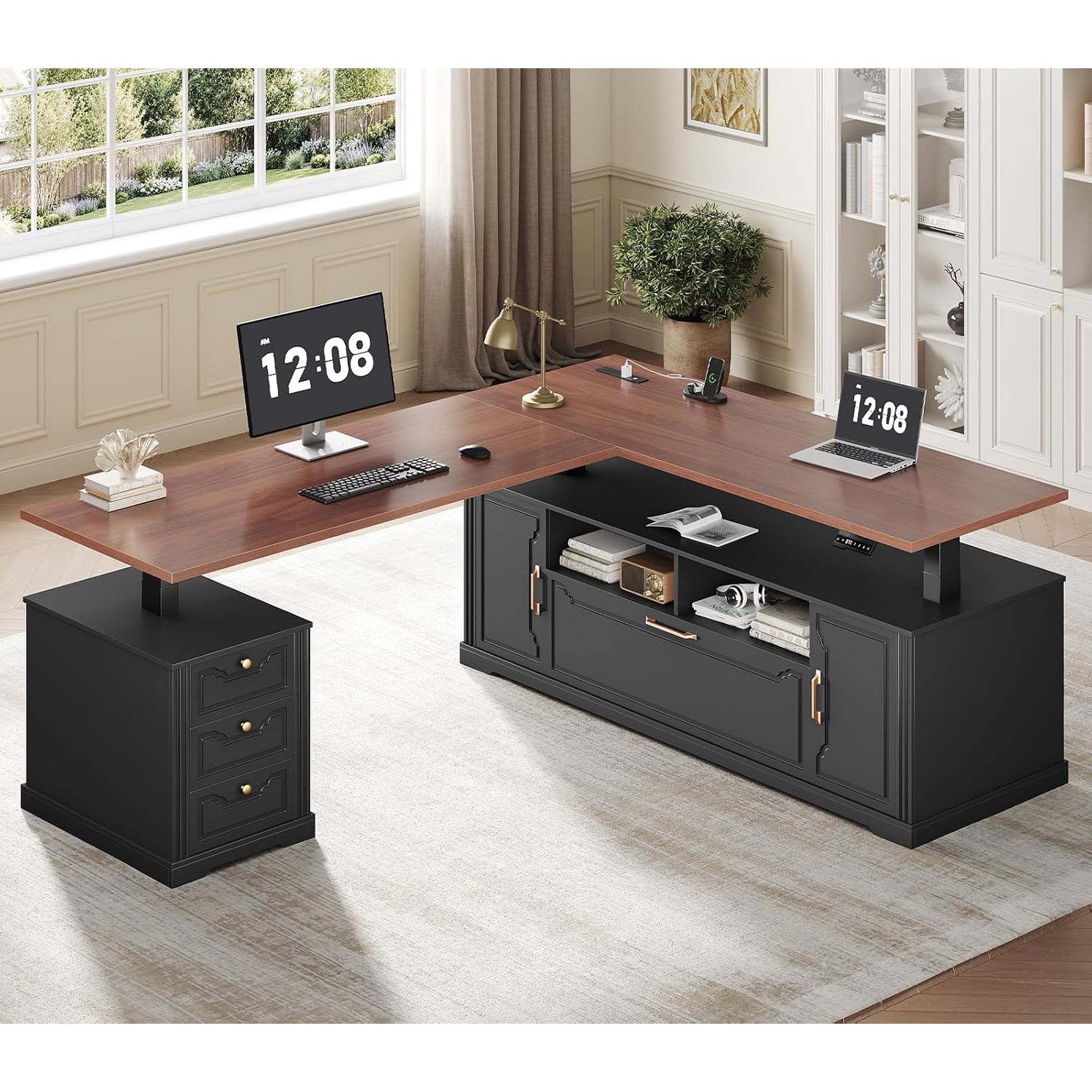 71 L Shaped Electric Standing Desk Electric Executive Desk with 4 Drawers Height Adjustable Sit Stand Office Desk with Shelves Power Outlet Filing Cabinet Corner Computer Desk Black Brown