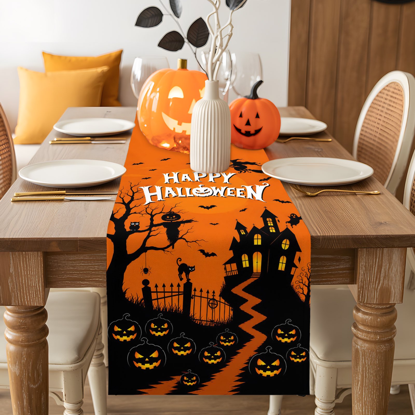 Table Runner Happy Halloween Witch Black Cat Kitchen Dining Table Runners Tabletop Decorations Haunted House Pumpkin Tablerunner Dresser Scarves for Home Party Wedding Birthday Decor 13x72in
