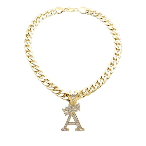 iJewelry2 Kings and Queens Crowned Initial Letter A Crystals Pendant Gold-tone Cuban Linked Chain Necklace