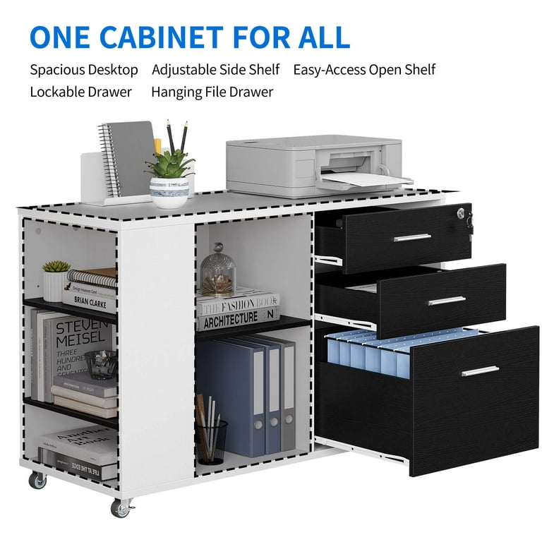 3-Drawer File Cabinet, Mobile Lateral Filing Cabinet with Lock