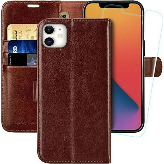 MONASAY iPhone 11,6.1-inch, [Glass Screen Protector] Flip Folio Leather Cell Phone Cover with Credit Card Holder for Apple iPhone 11