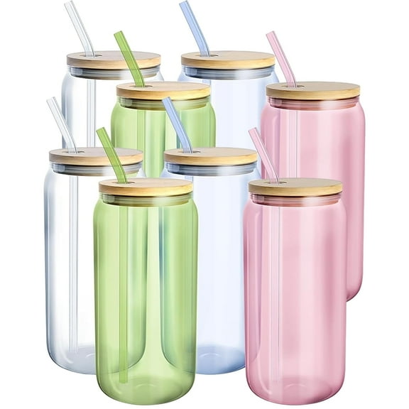 16 Oz Glass Tumblers with Lids and Straws - Reusable Multicolor Iced Coffee Cups, Set of 8