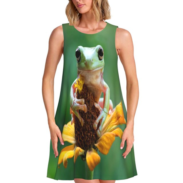 Fotbe Tree Frog Sitting On Sunflowes Vestido de Verano sin Mangas para Mujer – Vestido Midi Línea A, Estilo Camiseta Floral, Vestido Playero Casual y Fluido