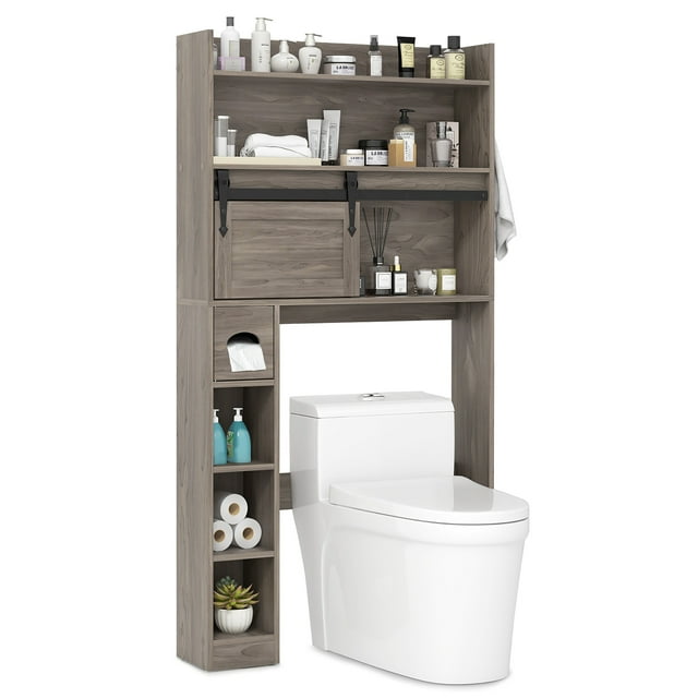Gymax Over The Toilet Storage Cabinet w/ Sliding Barn Door Adjustable Shelves 2 Hooks Grey