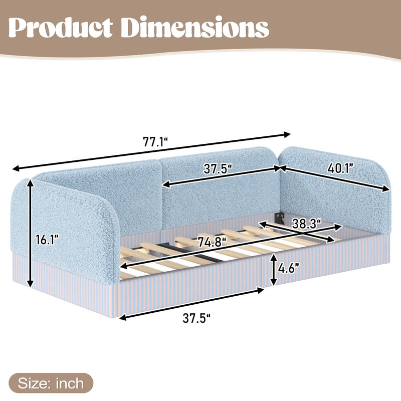 Twin Size Upholstered Floor Daybed Frame for Kids, Half-Enclosed Montessori Platform Bed with 3-Sided Surrounding Guardrails