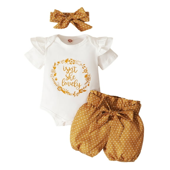 Mikrdoo Newborn Baby Girls Clothes Letter Print Wreath Ruffle Sleeve Romper Elastic Wave Point Shorts Headband 3Pcs Outfits For Summer White 6-12 Months