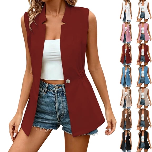 QINGFSAP Womens Long Sleeveless Blazer V Neck Waist Cincher Casual Business Coat